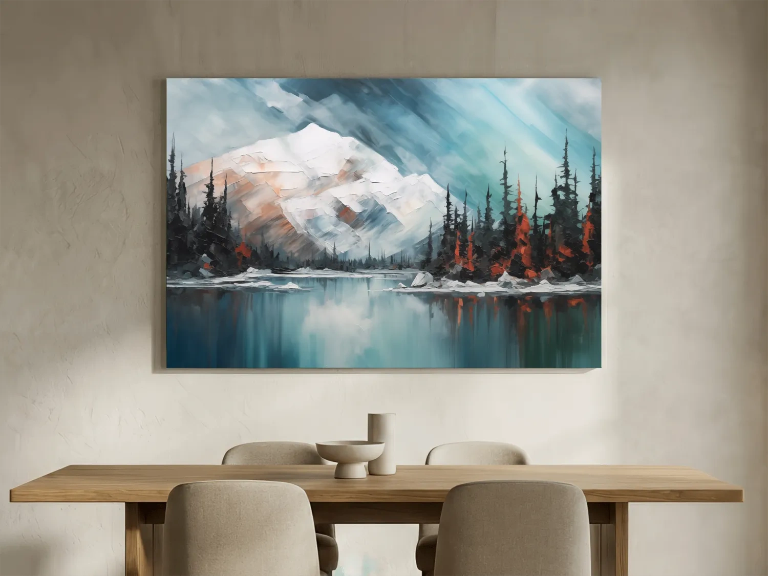 Alpine Glacier Lake Impasto Style Painting - Textured Forest Wall Art
