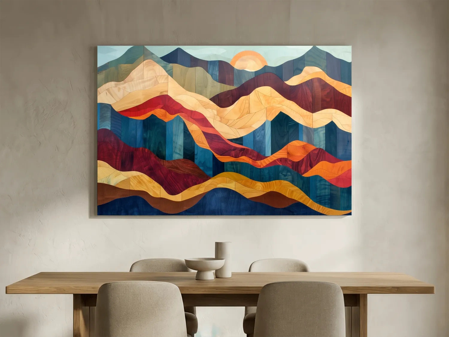 Layered Abstract Mountain Sunset Woodgrain - Mid Century Modern Wall Art