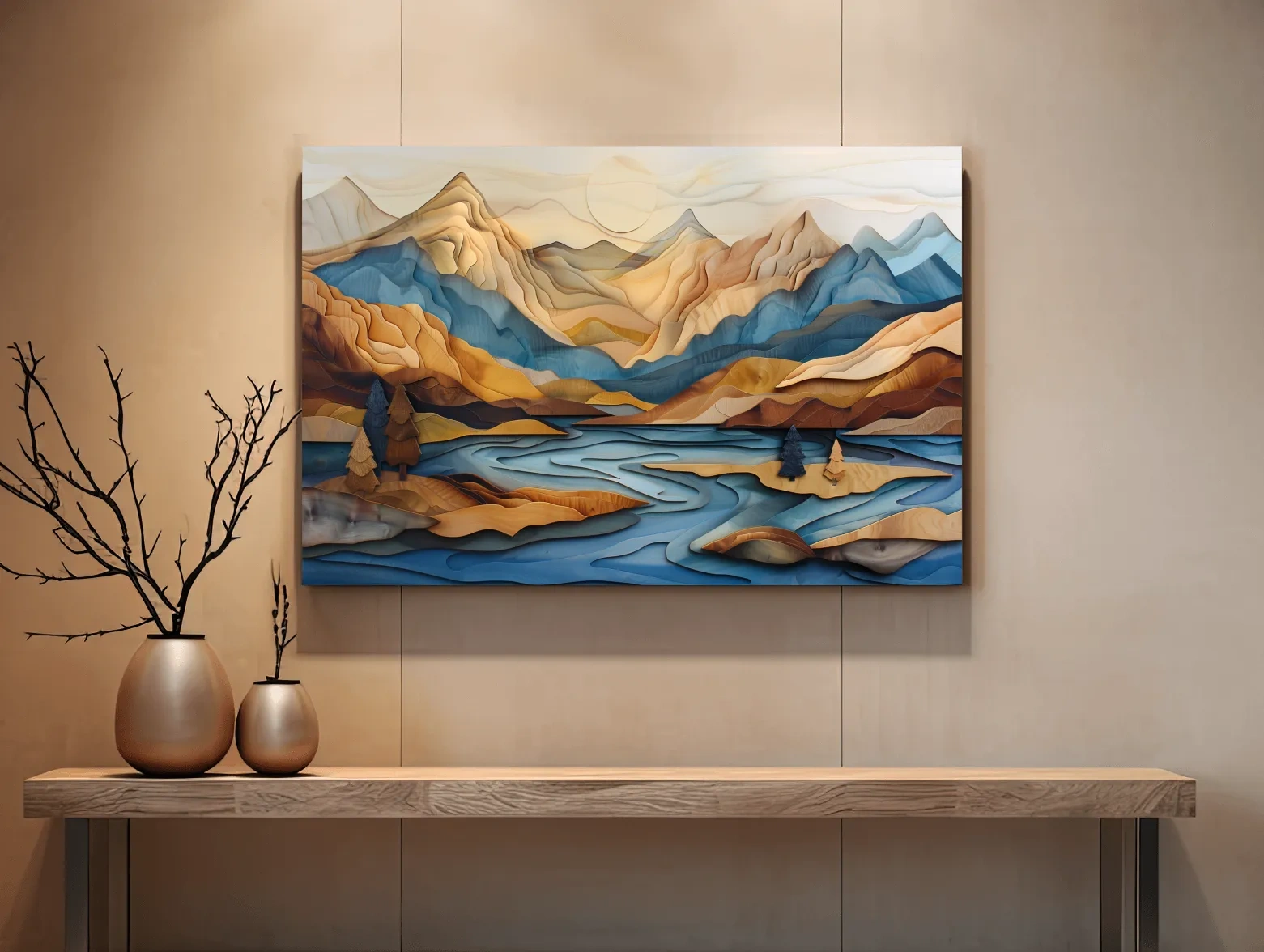 Wood Intarsia Style Alpine Mountain Lake Landscape - Modern Abstract Wall Art