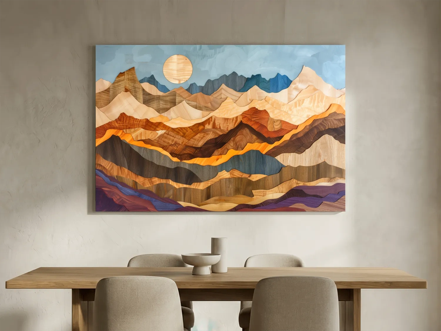 Layered Wooden Mountain Range - Intarsia Style Canvas Wall Art
