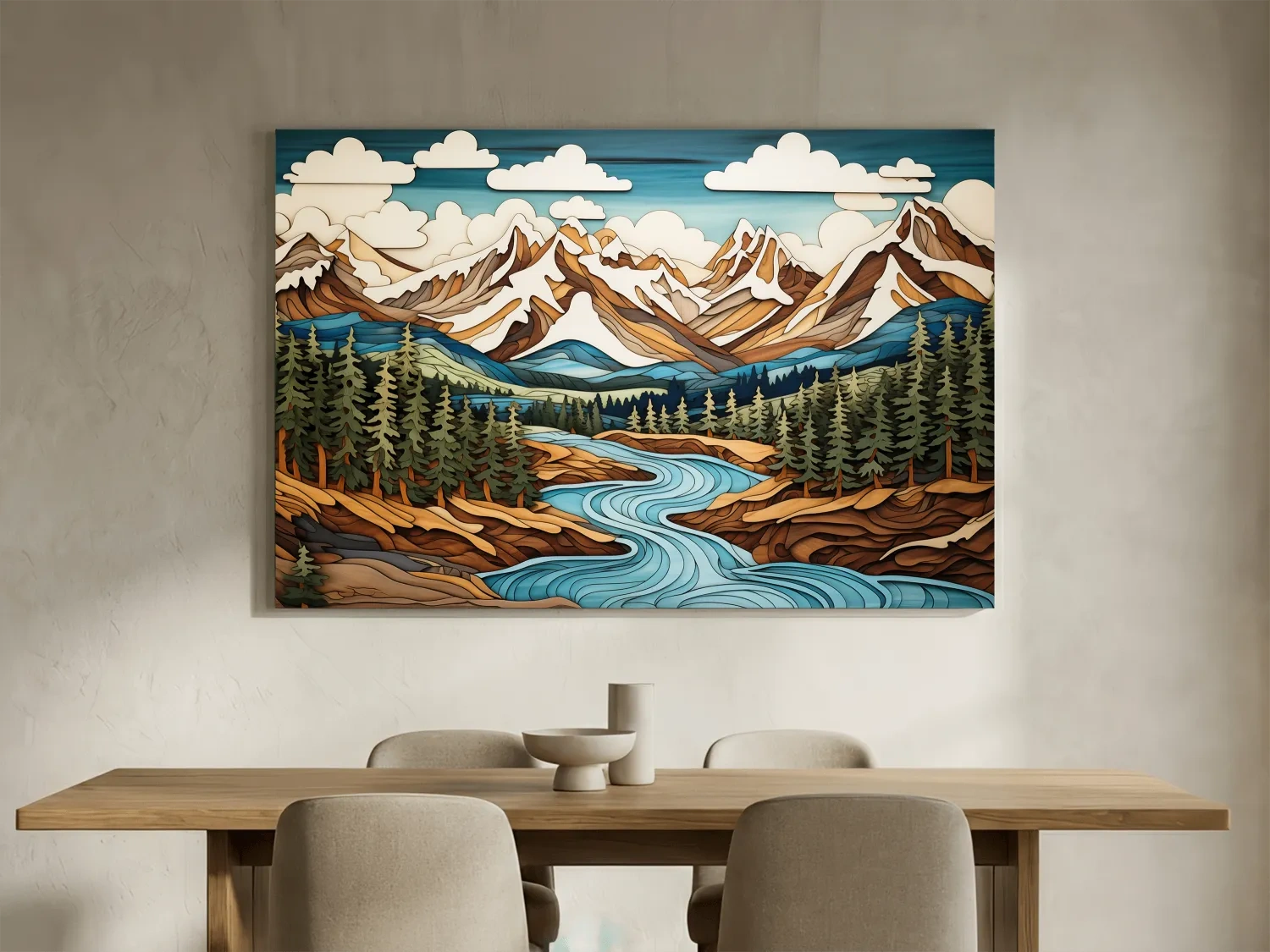 Intarsia Style Mountain River Landscape - Rustic Alpine Forest Artwork