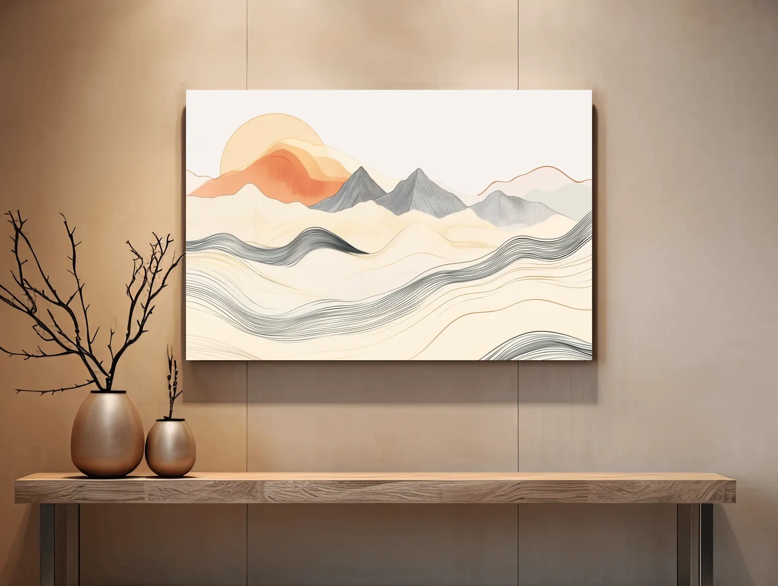 Minimalist Line Art Mountain Sunset - Abstract Landscape Wall Art