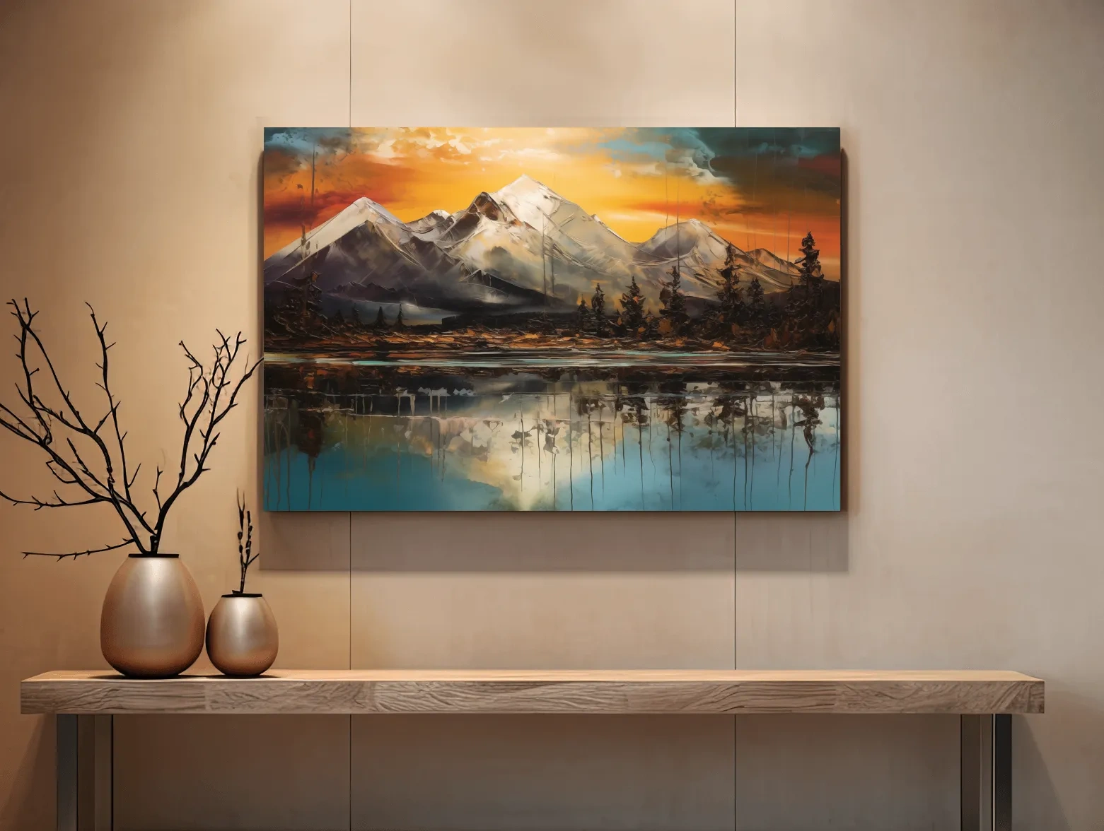 Abstract oil painting of an alpine lake at sunset
