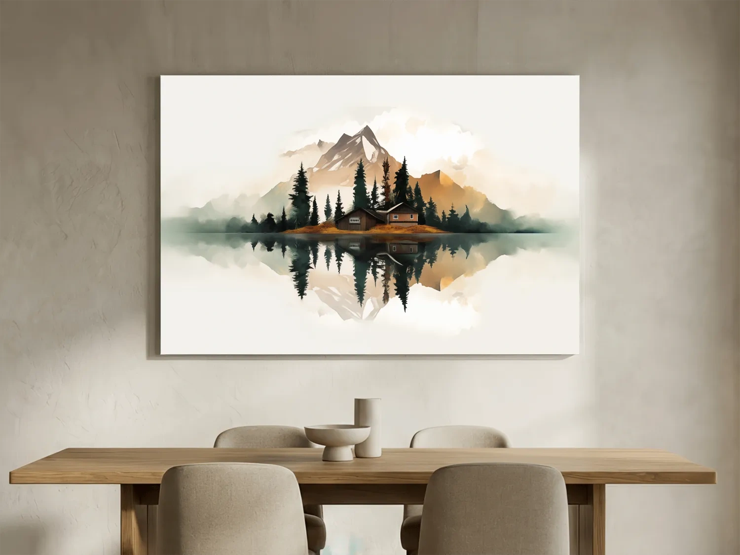 Minimalist Mountain Cabin Lake Reflection - Misty Watercolor Landscape Wall Art