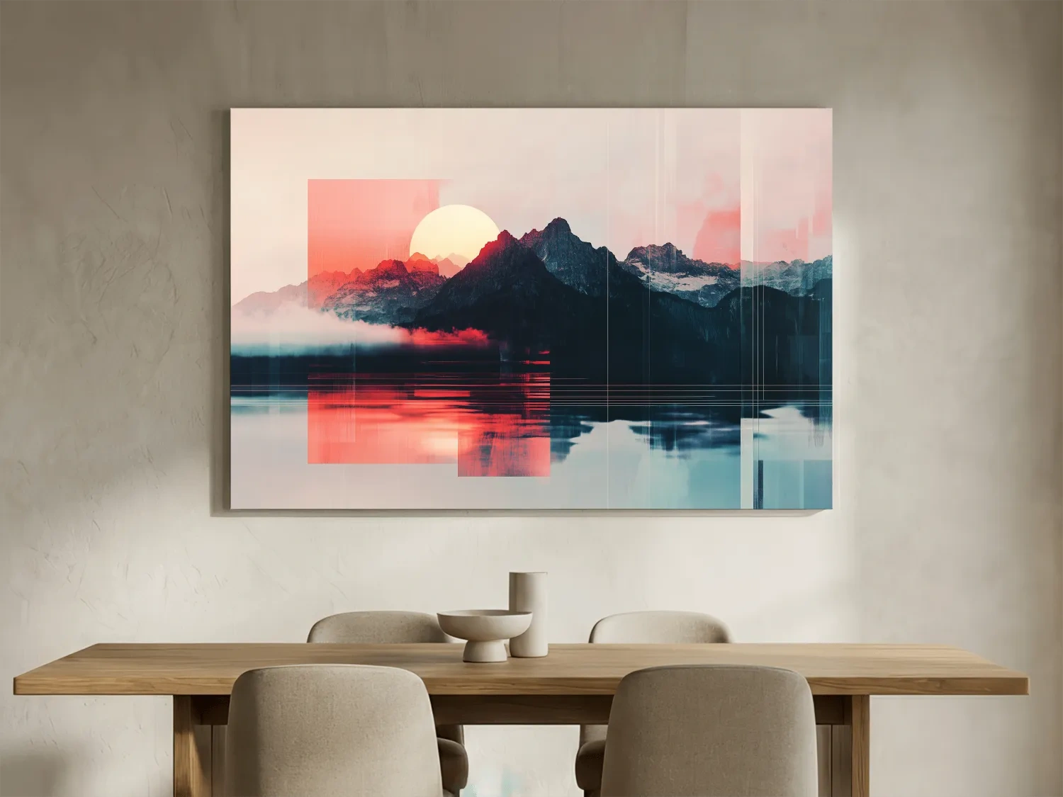 Abstract Alpine Mountain Sunset Reflection - Modern Geometric Glitch Wall Art