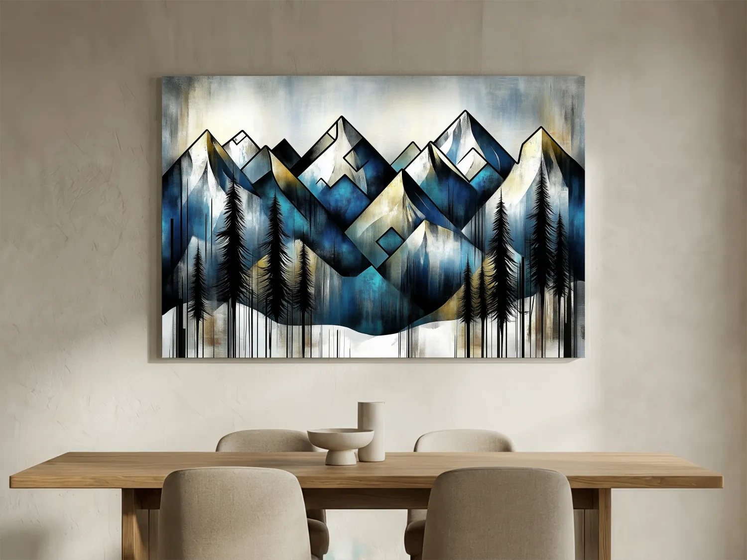 Geometric Mountain Peaks With Pine Trees - Modern Abstract Landscape Artwork