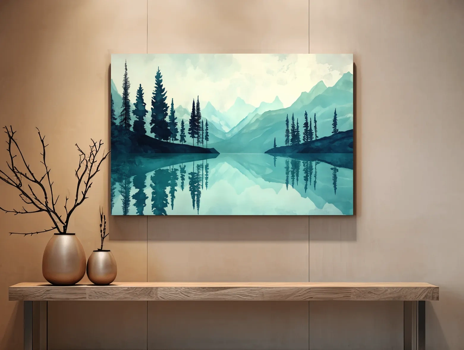 Treelined Alpine Lake Reflection - Watercolor Forest Wall Art