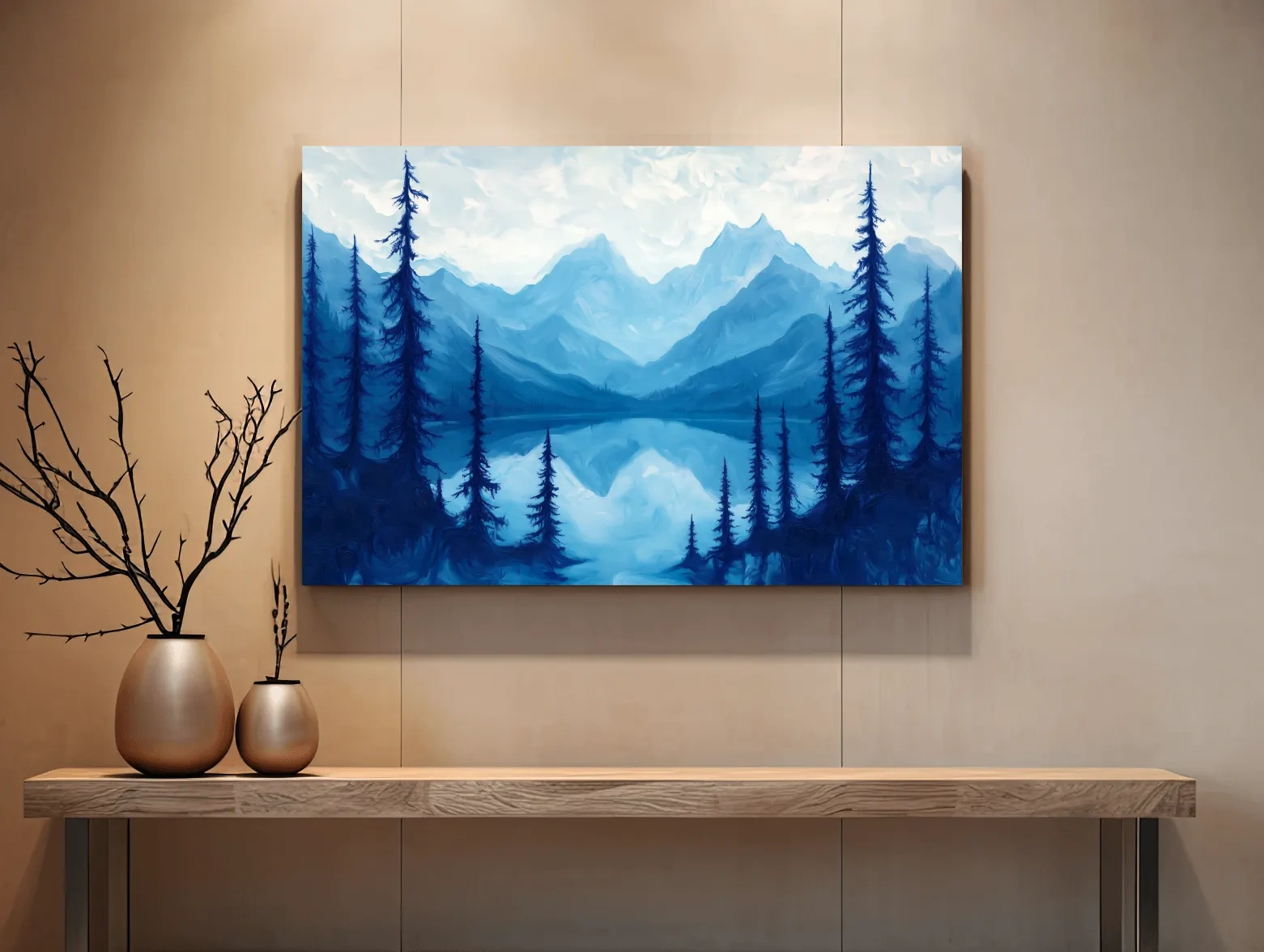 Oil painting artwork, view over an alpine lake in the mountains