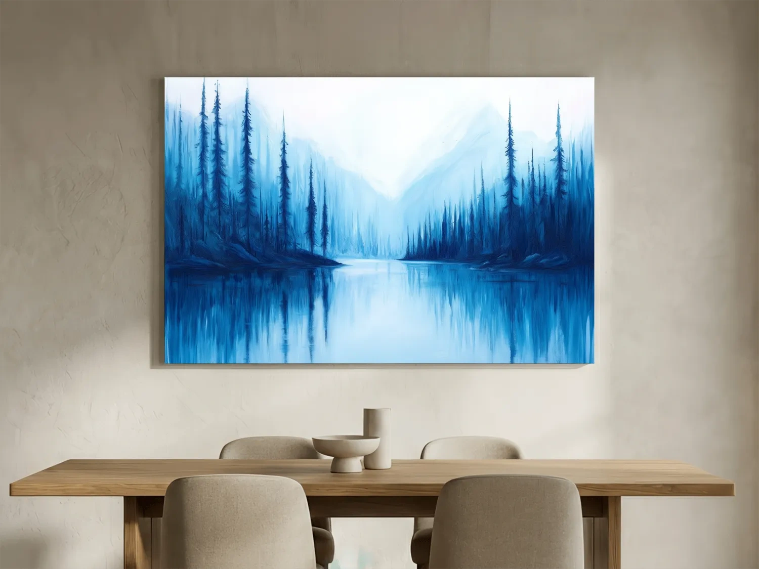 Misty Blue Alpine Lake & Pine Forest - Impressionist Landscape Painting Artwork