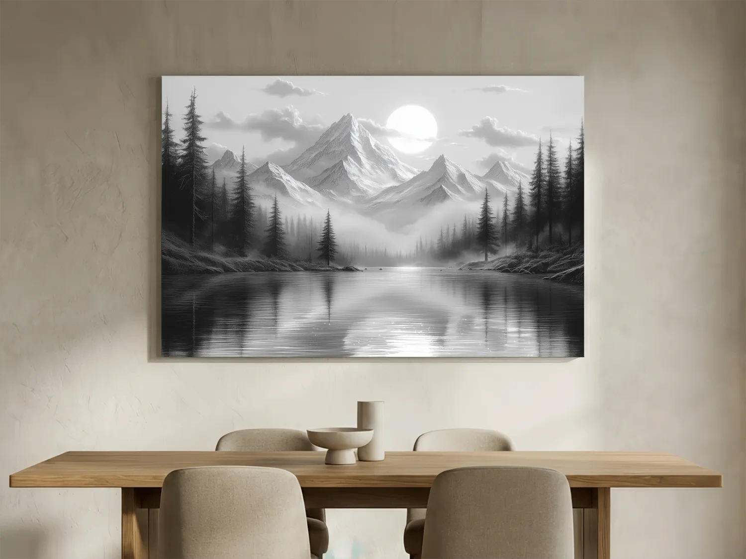 Monochrome Misty Alpine Lake Landscape - Mountain Forest Wall Art