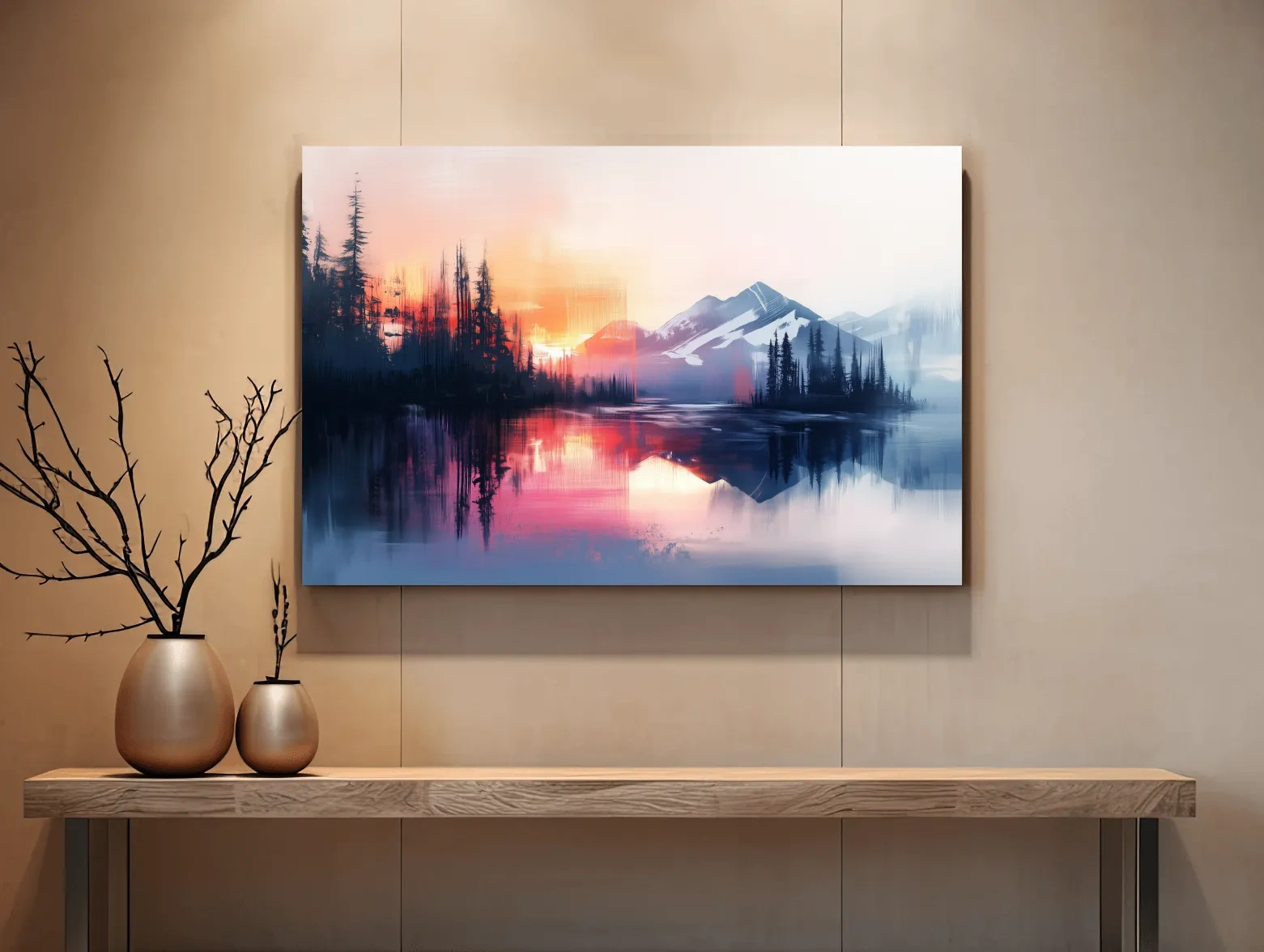 Vibrant Sunset Alpine Mountain Lake Reflection - Abstract Watercolor Forest Wall Art
