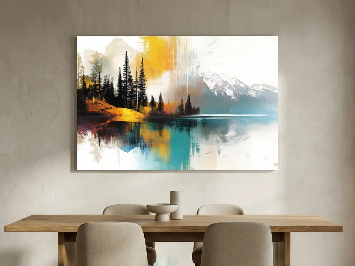 Colorful Abstract Mountain Lake Reflection Painting - Forest Landscape Wall Art