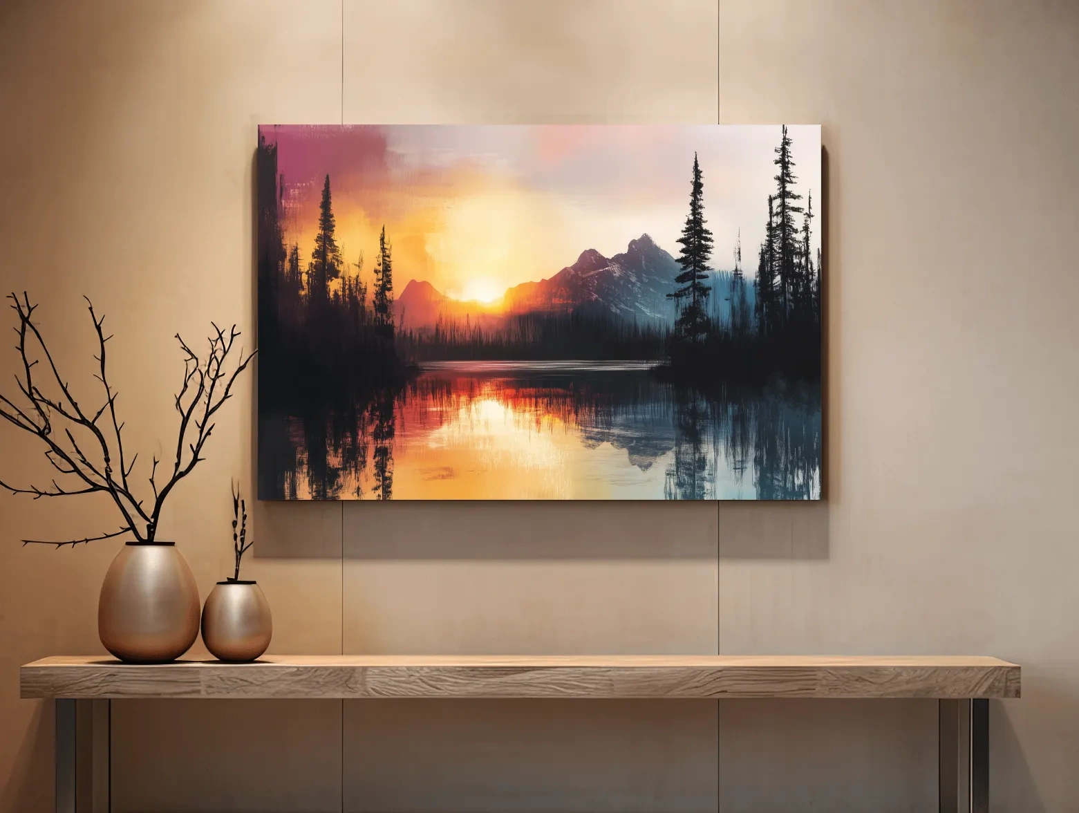 Sunset Mountain Lake Reflection Painting - Dramatic Pine Forest Landscape Wall Art