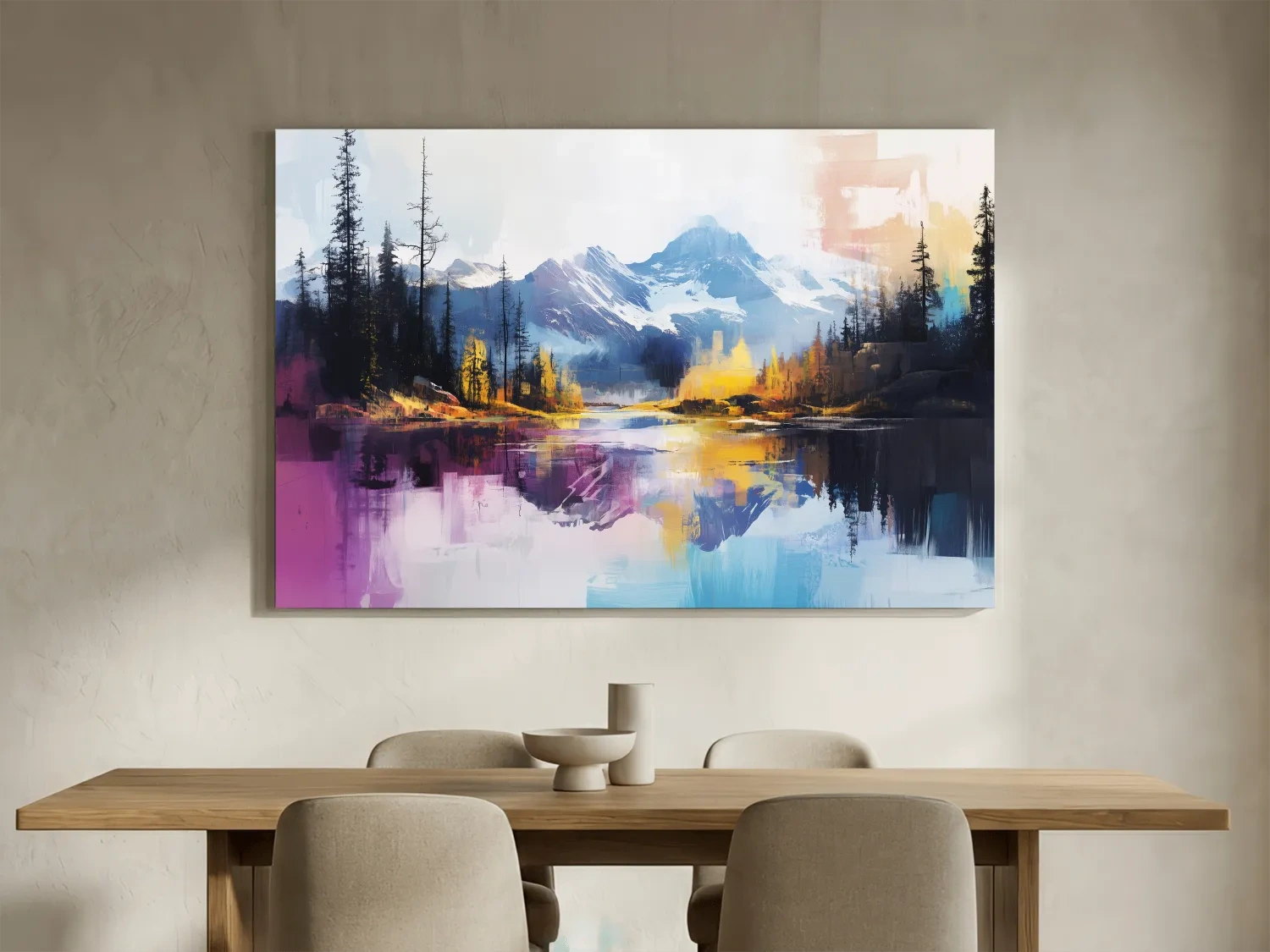 Vibrant Abstract Mountain Lake Reflection Painting - Colorful Modern Landscape Wall Art