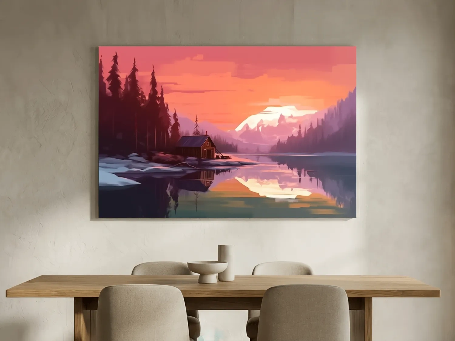 Sunset Mountain Lake Cabin Painting - Serene Alpine Landscape Wall Art