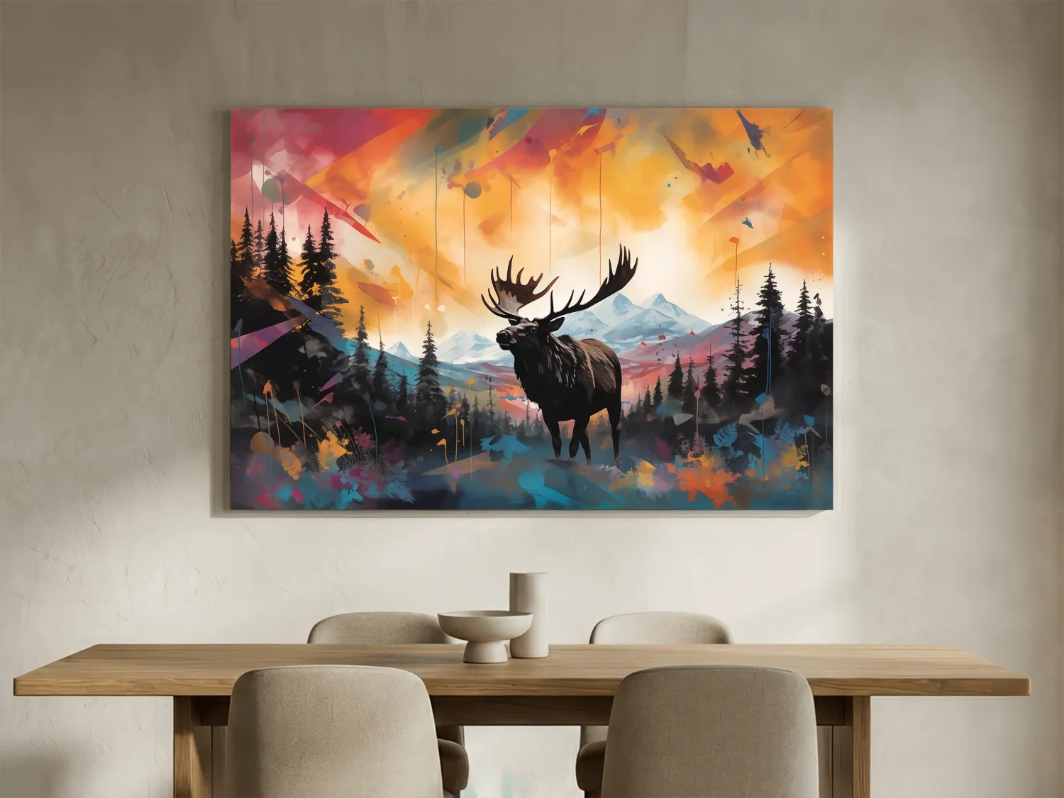 Vibrant Abstract Moose Mountain Painting - Colorful Wildlife Wall Art