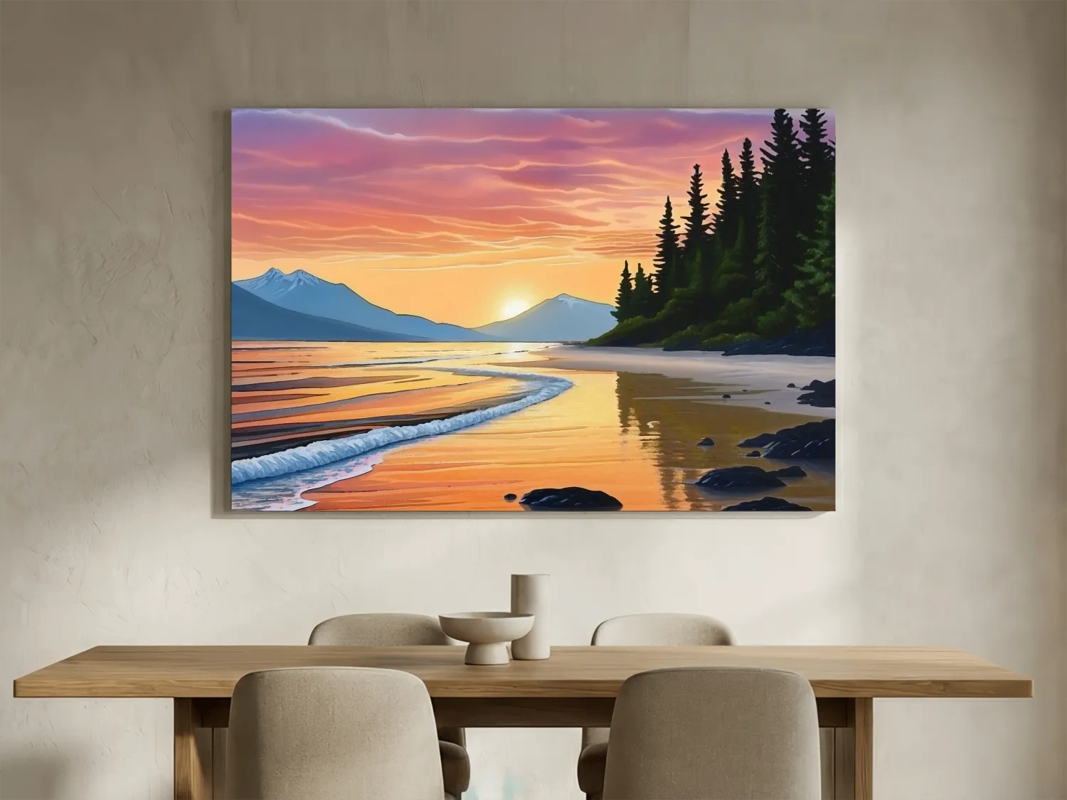 Pacific Northwest Coastal Sunset Beach Painting - Vibrant Pine Wall Art