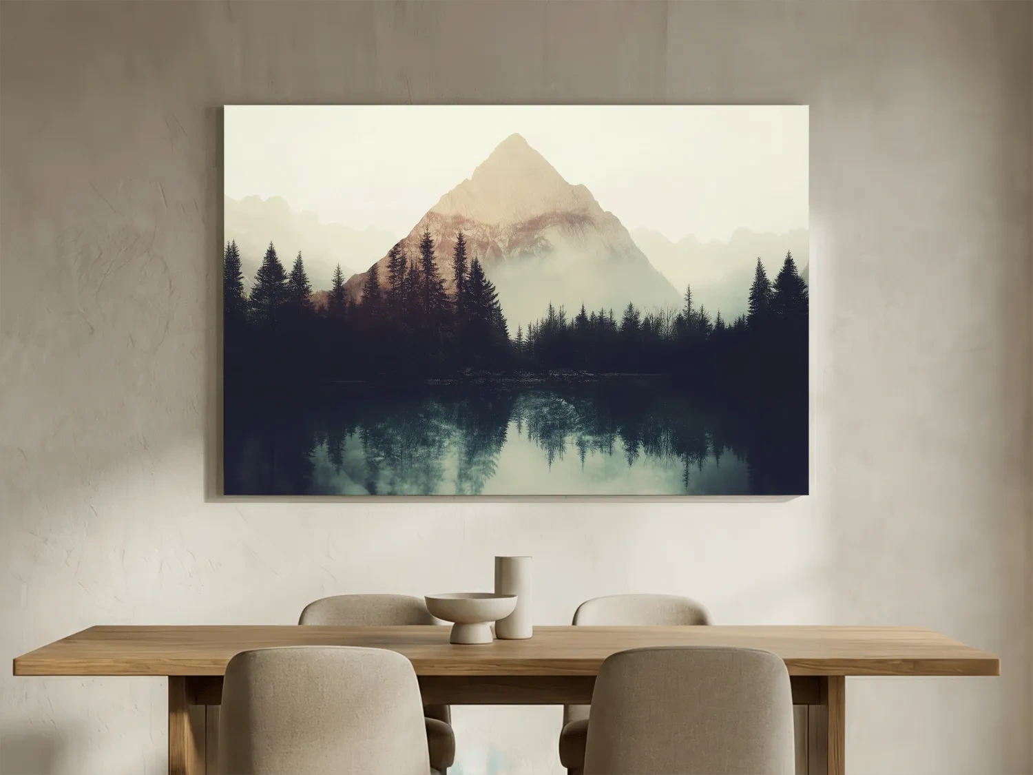 Misty Pine Forest Silhouette Lake Reflection - Moody Mountain Wall Art