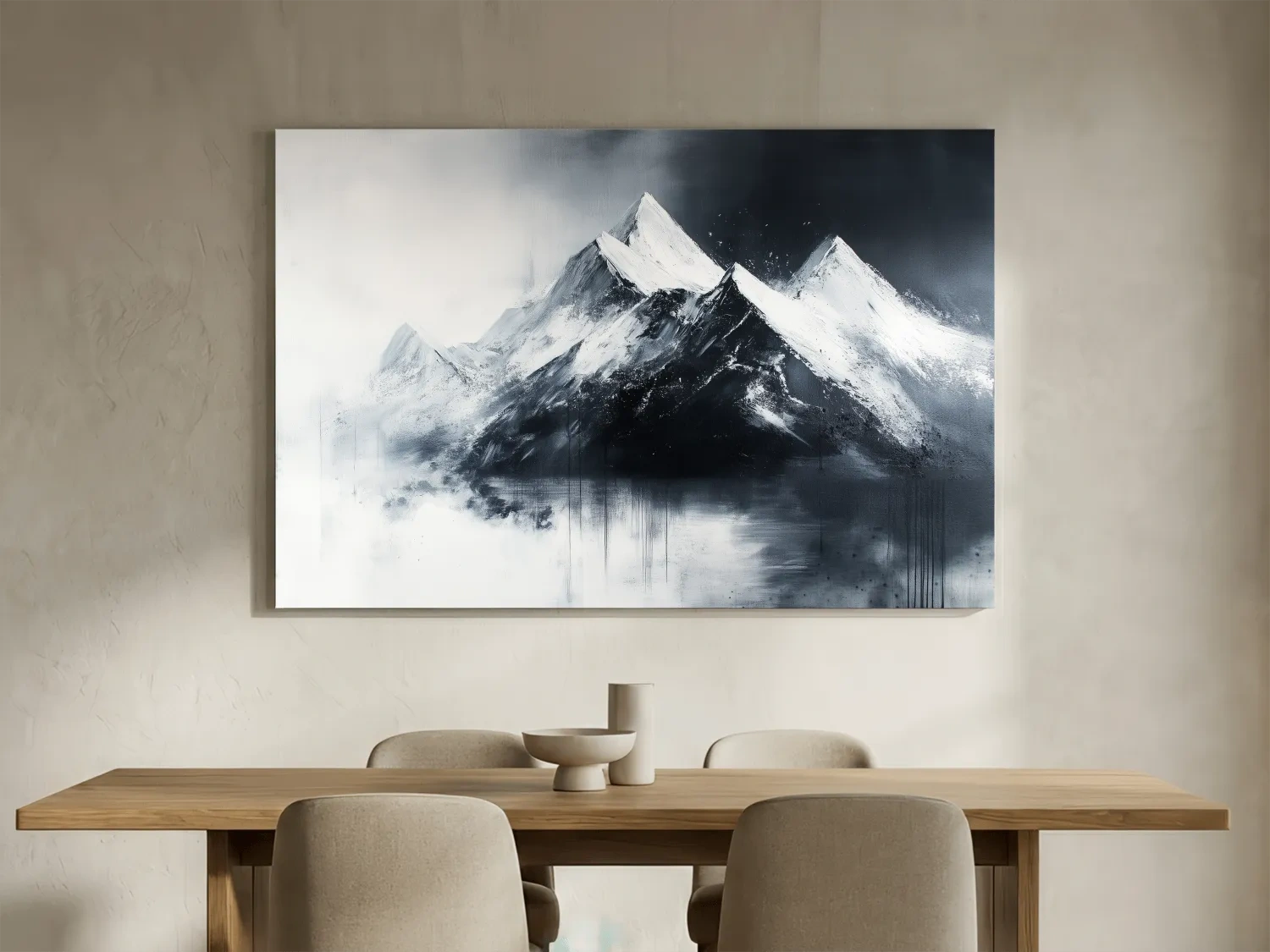 Moody Monochrome Snowcapped Mountain Peaks Painting - Modern Minimalist Wall Art