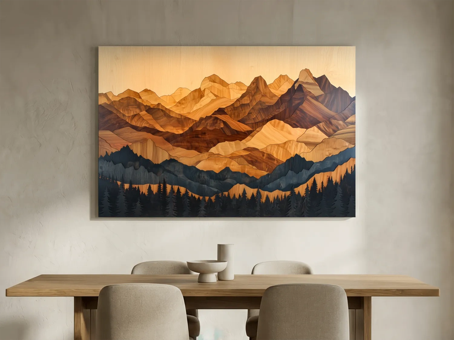 Layered Woodcut Intarsia Mountain Range Landscape - Peaks And Pine Forest Wall Art