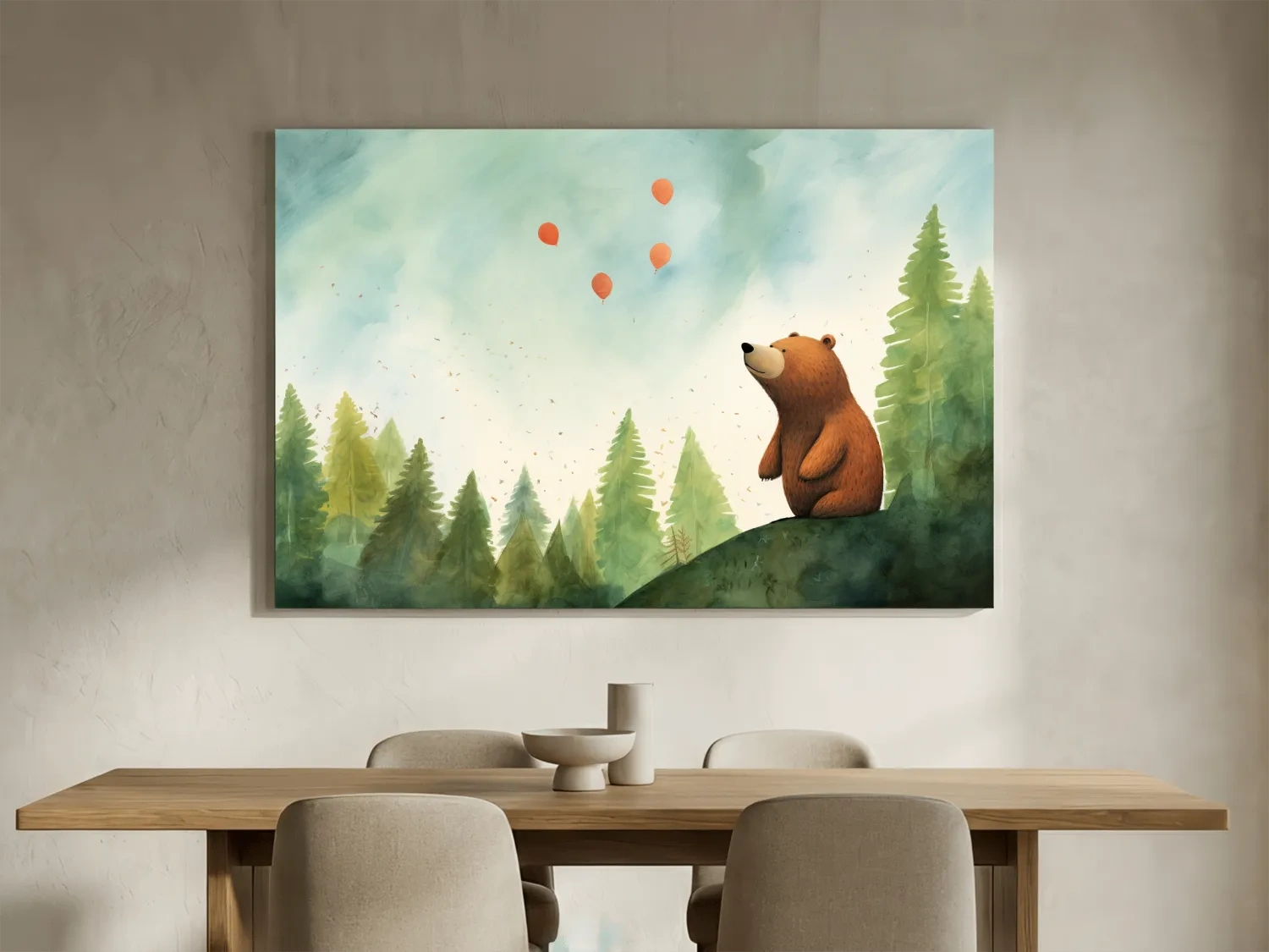 Whimsical Watercolor Bear Watching Balloons - Cute Nursery Forest Wall Art