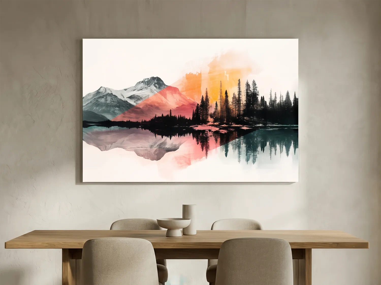 Abstract Alpine Lake Reflection Painting - Modern Watercolor Forest Landscape Wall Art