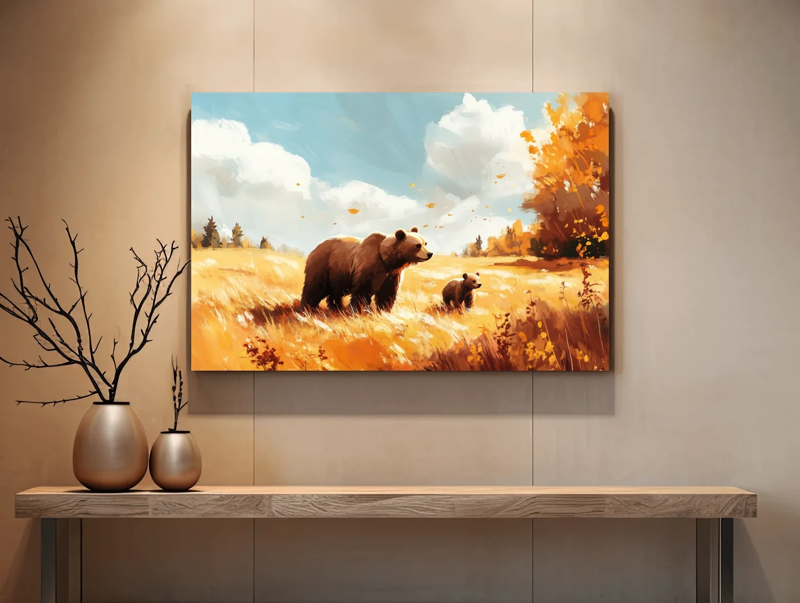 Autumn Grizzly Bear & Cub Painting - Warm Golden Wildlife Wall Art