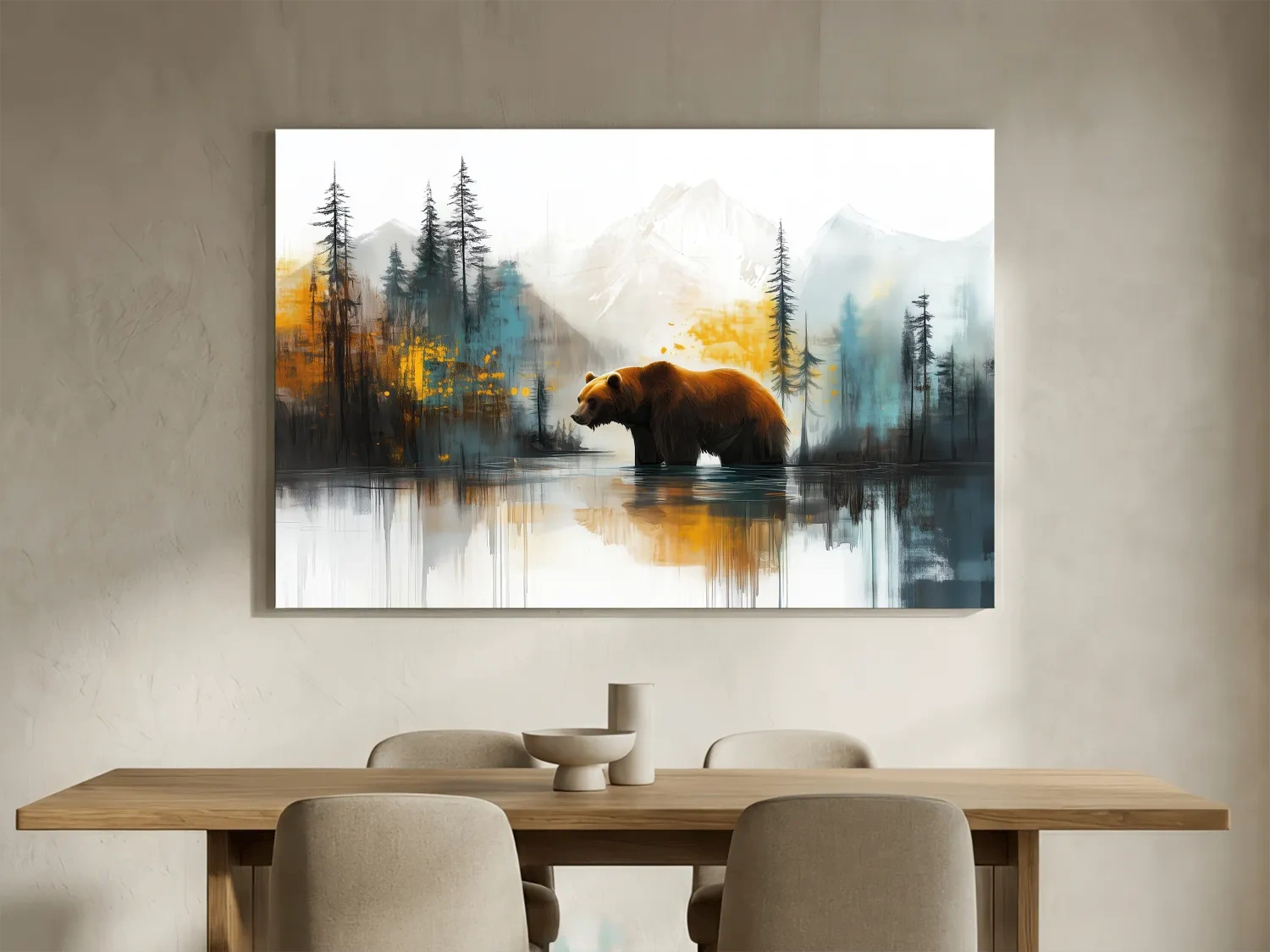 Grizzly Bear Lake Reflection - Misty Mountain Forest Watercolor Style Artwork