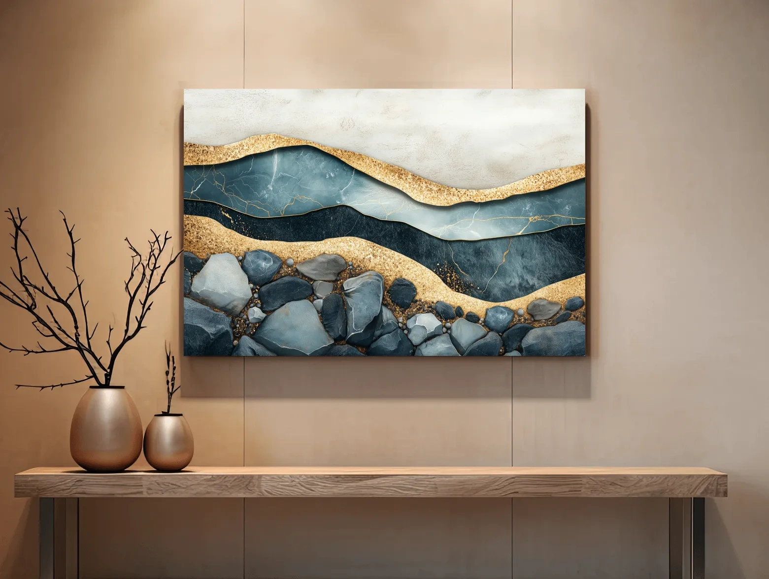 Luxury Teal Gold Marble Geode Layers - Modern River Rock Wall Art