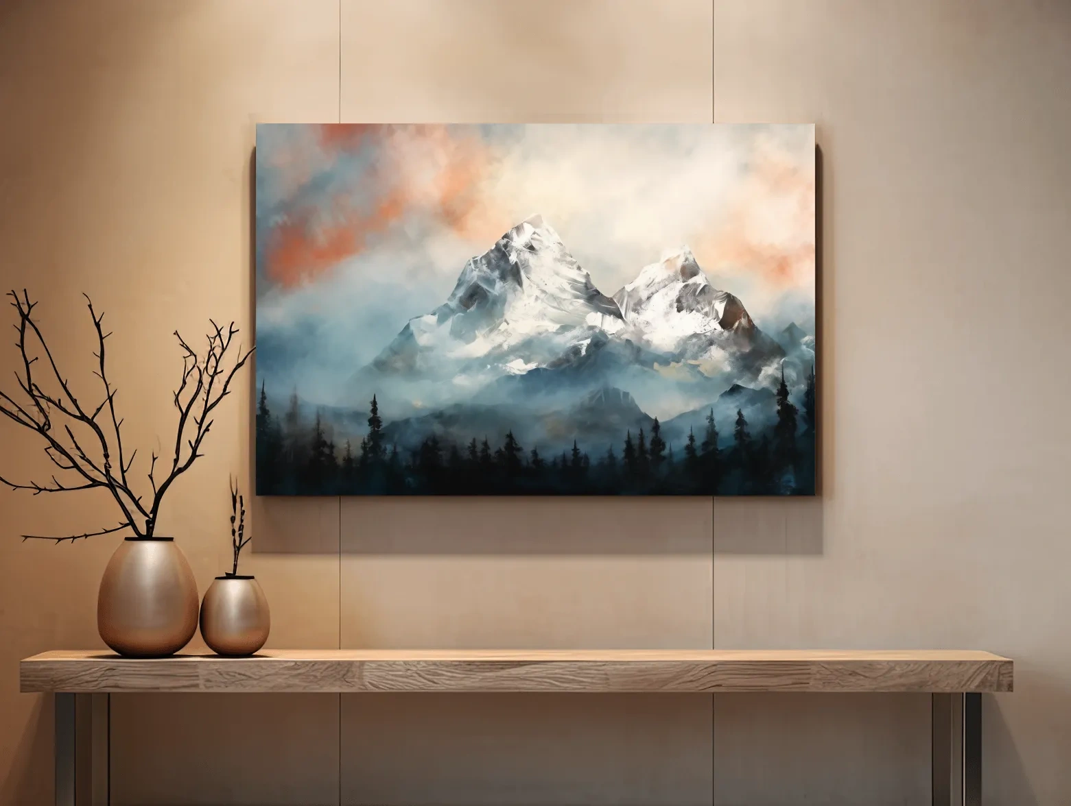 Misty Snowcapped Mountain Peaks Painting - Alpine Sunset Wall Art