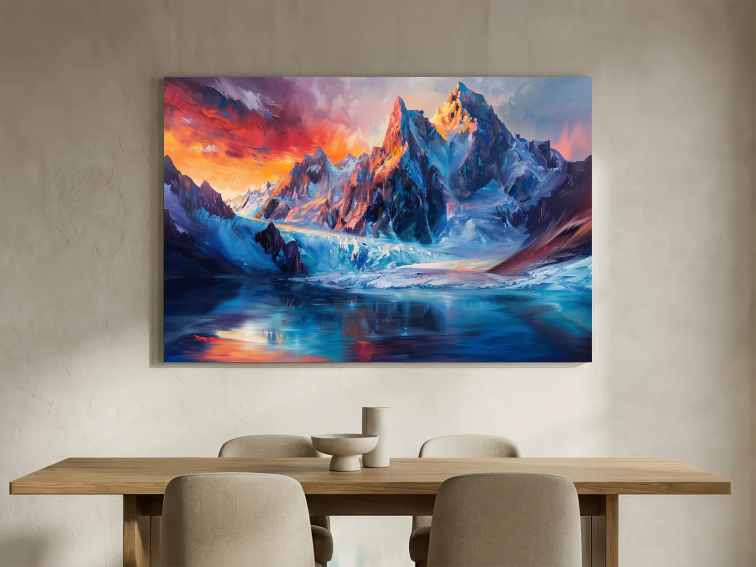 Vibrant Glacial Sunset Impressionism Painting - Dramatic Alpine Mountain Wall Art