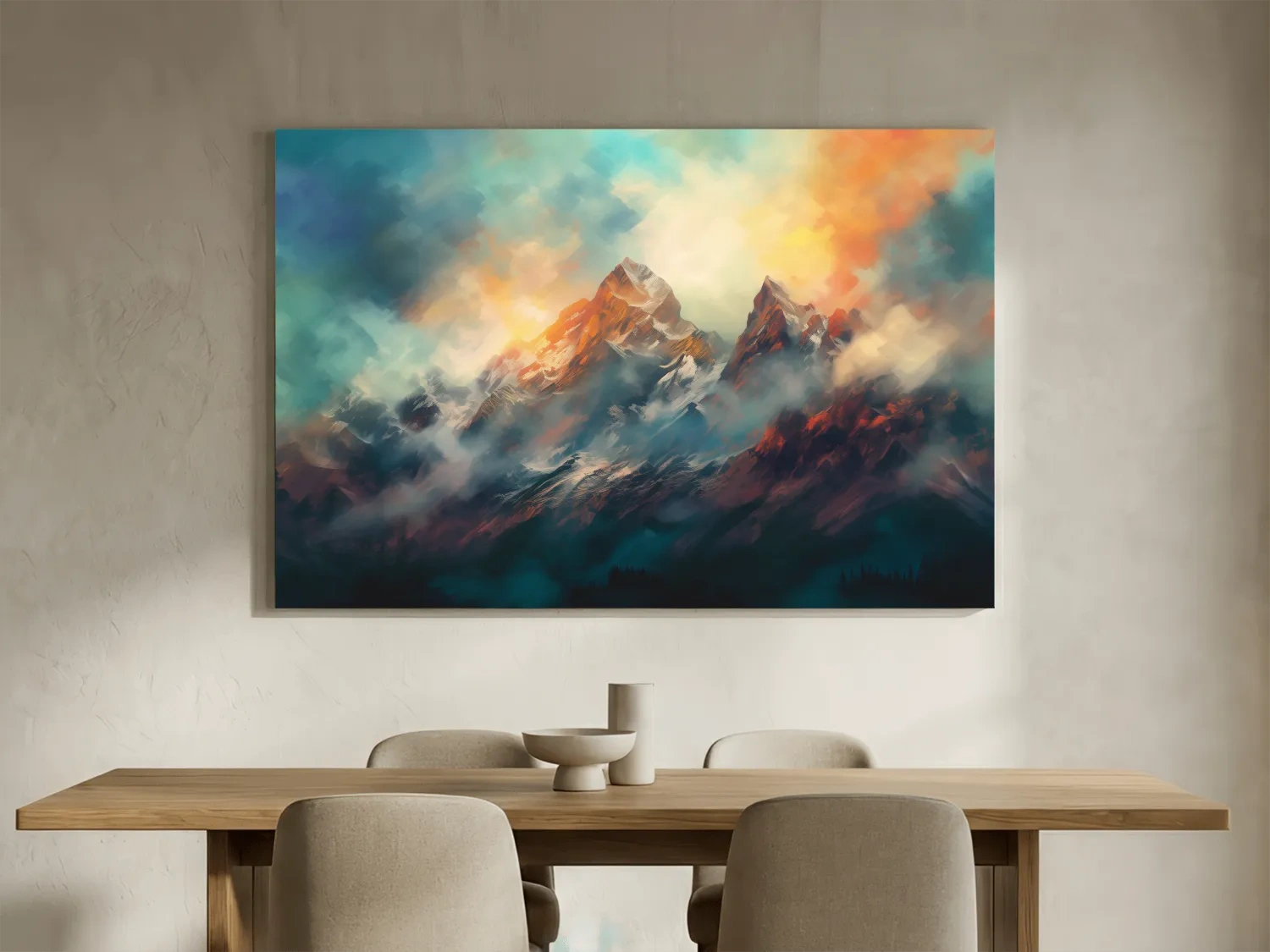 Abstract Sunrise Mountain Peaks Painting - Colorful Alpine Landscape Wall Art