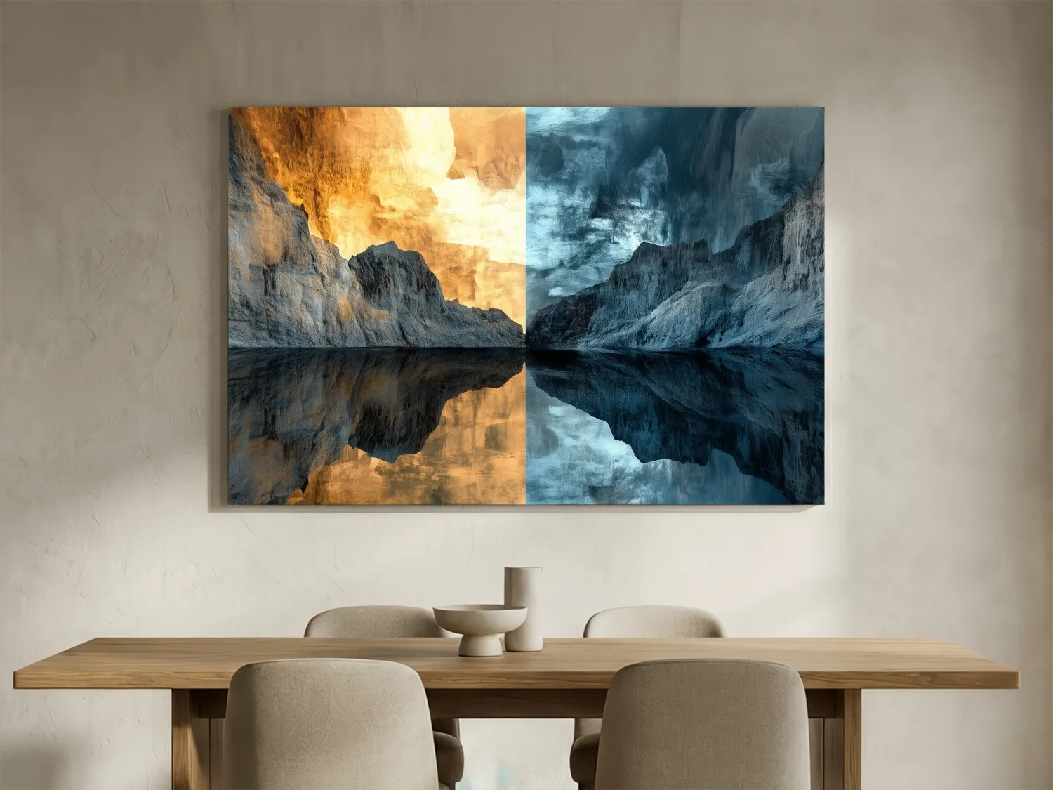 Split Tone Mountain Lake Reflection - Fiery Sunset Cool Twilight