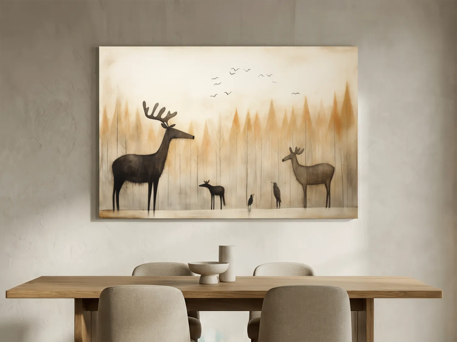Minimalist Woodland Deer Family Illustration - Scandinavian Nursery Forest Wall Art