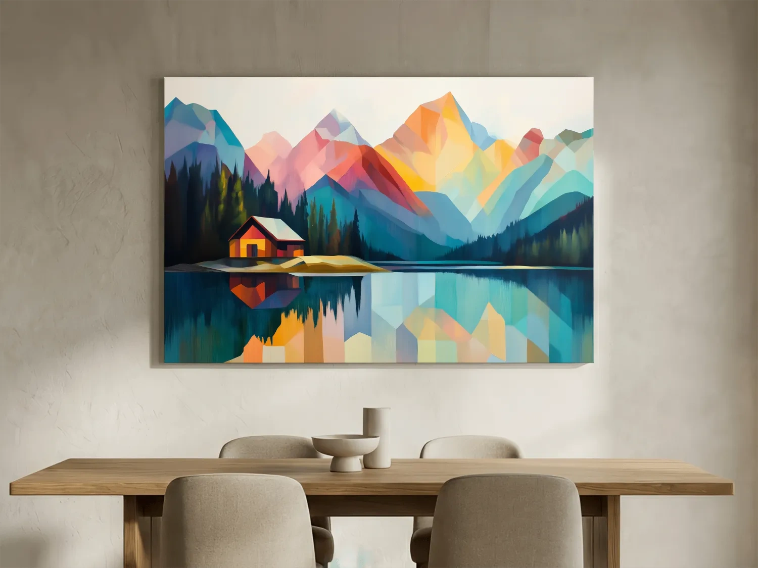 Vibrant Geometric Mountain Lake Cabin - Modern Abstract Landscape Wall Art