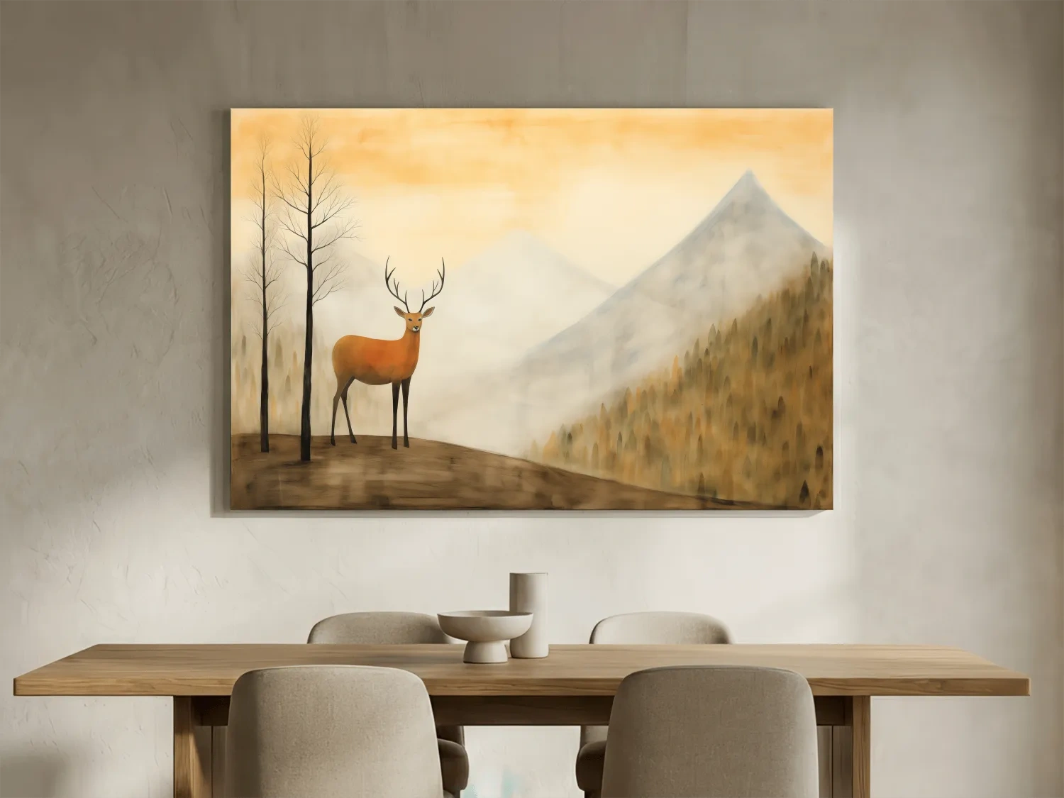 Deer Alpine Mountain Landscape Painting - Serene Foggy Forest Wall Art