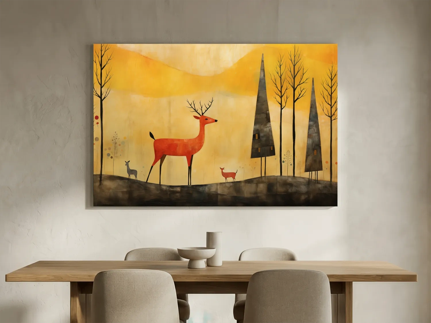 Whimsical Deer Forest Illustration - Autumn Woodland Landscape Wall Art