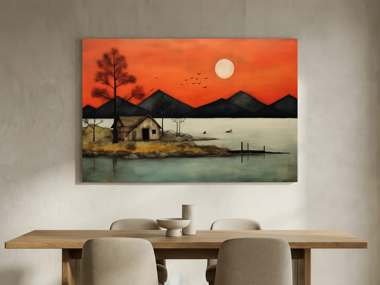 Rustic Lakeside Cabin Sunset Painting - Mountain Wall Art