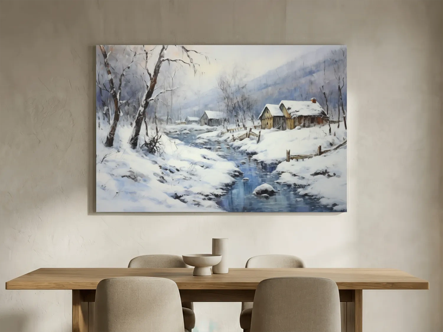Snowy Winter Cabin Stream Landscape - Serene Rustic Wall Art