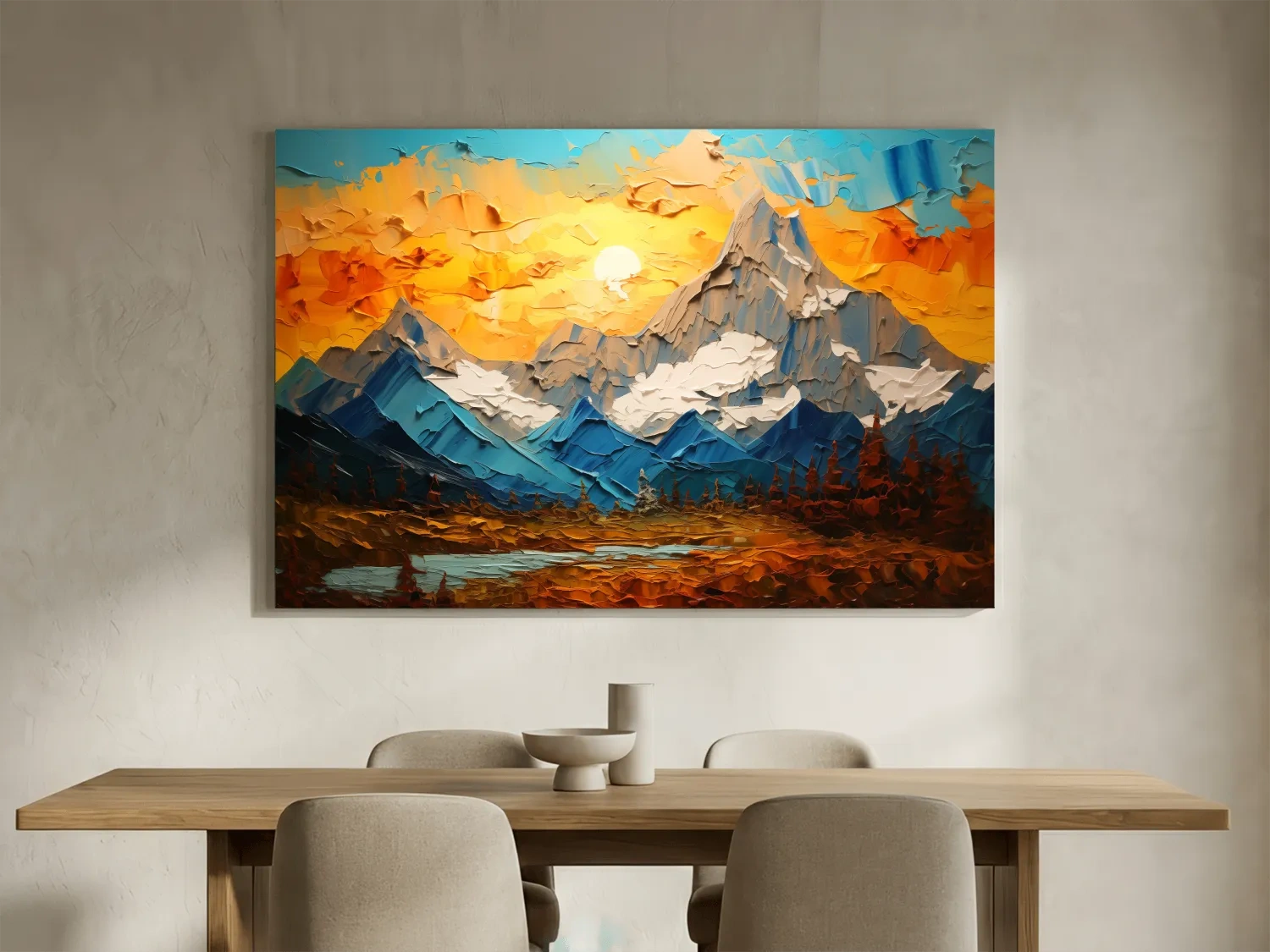 Palette Knife Style Mountain Sunset Painting - Vibrant Abstract Alpine Artwork