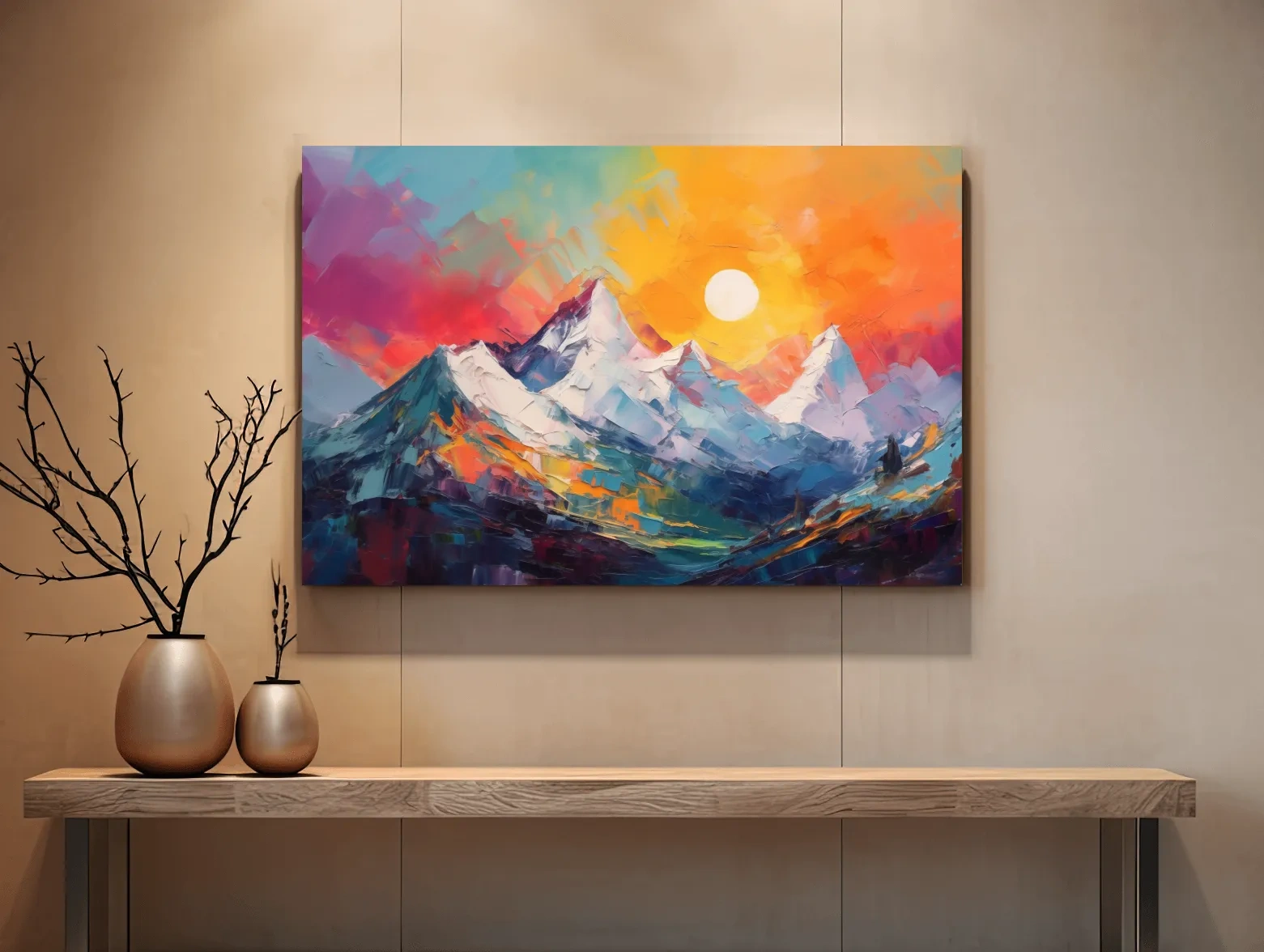 Colorful abstract mountain wall art, vibrant sunset oil painting print