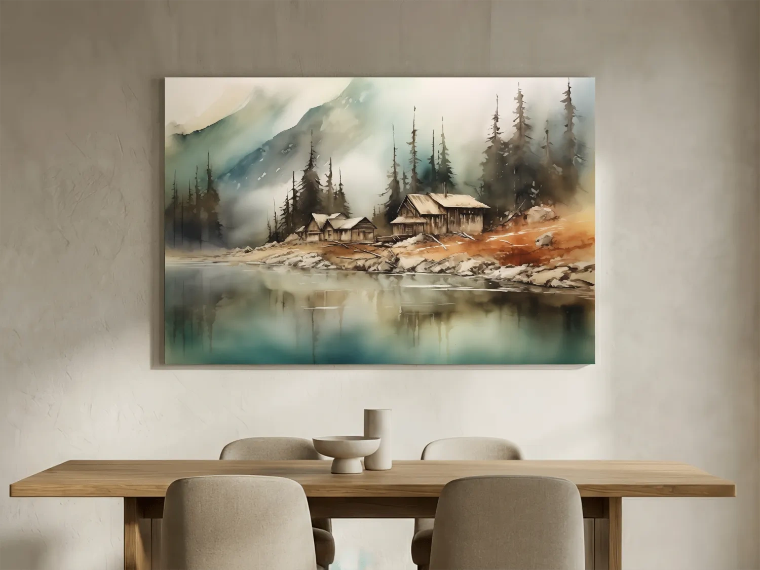 Rustic Lakeside Cabin Watercolor Landscape - Serene Alpine Mountain Wall Art