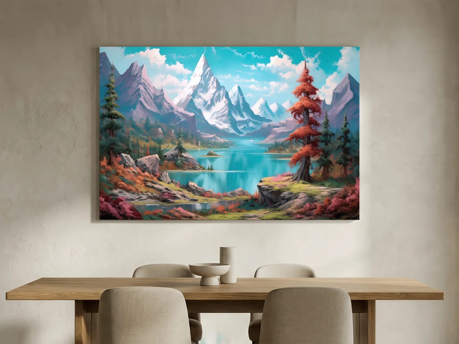 Vibrant Fantasy Alpine Lake Mountains - Surreal Colorful Artwork