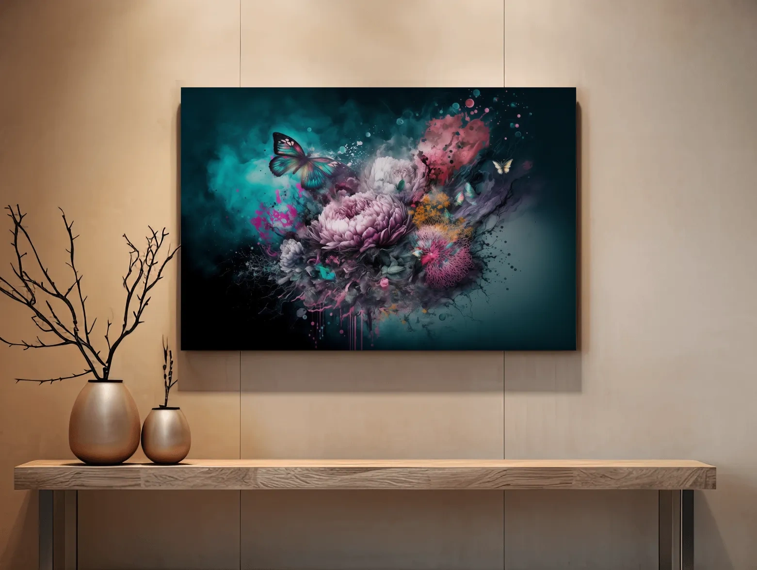 Fantasy floral explosion artwork with butterflies, vibrant abstract wall art 