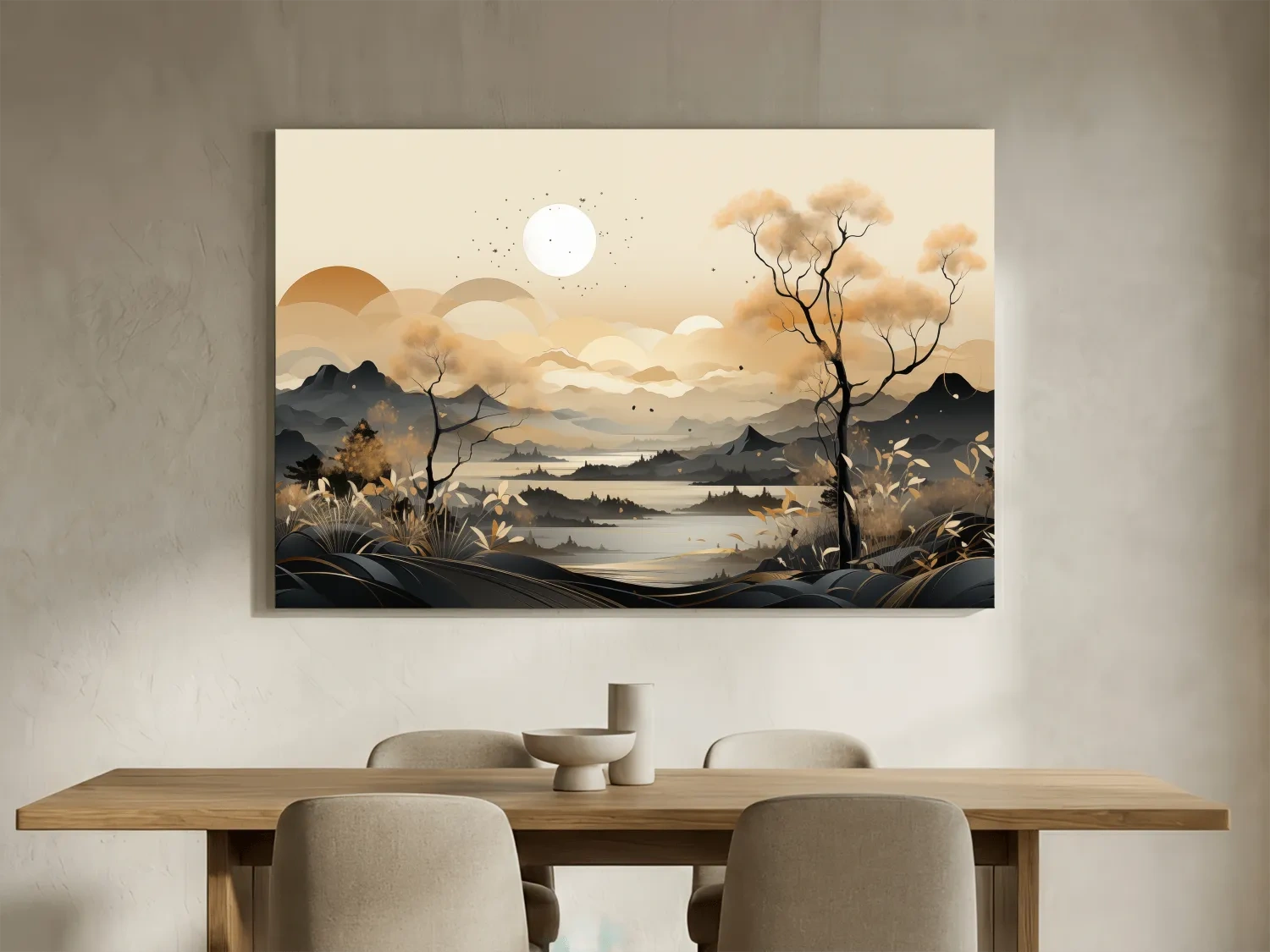 Japandi Misty Mountain Lake Landscape - Boho Wall Artwork