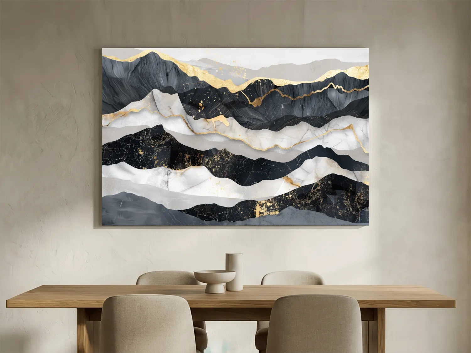 Abstract Black Marble Mountain Layers - Modern Elegant Gold Foil Landscape Wall Art