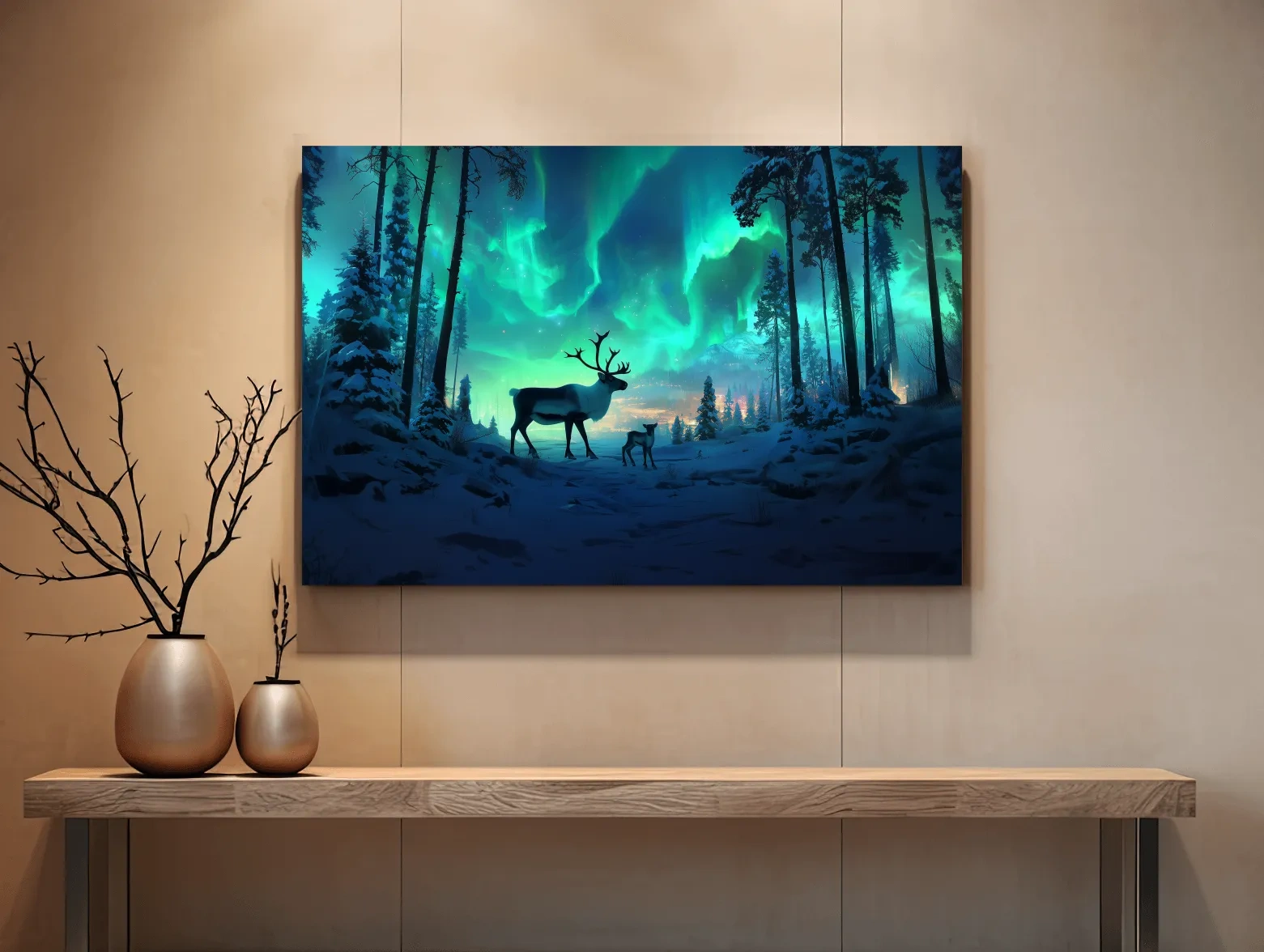 Caribou Buck Under Aurora Borealis Winter Scene - Fantasy Northern Lights Forest Wall Art