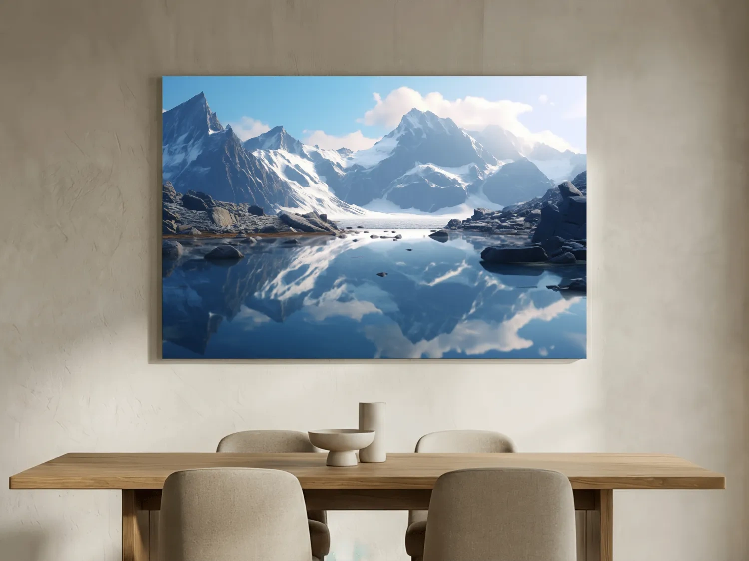 Majestic Snowcapped Mountain Lake Artwork - Serene Alpine Photography Wall Art