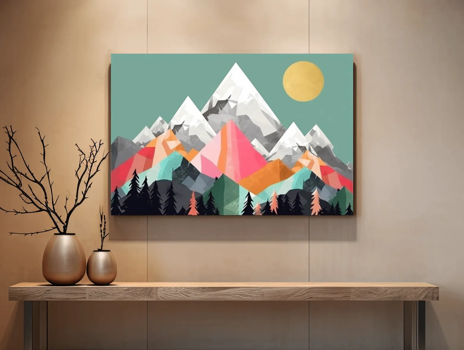 Geometric Abstract 2D Mountain Sunrise Art - Colorful Mid Century Wall Art