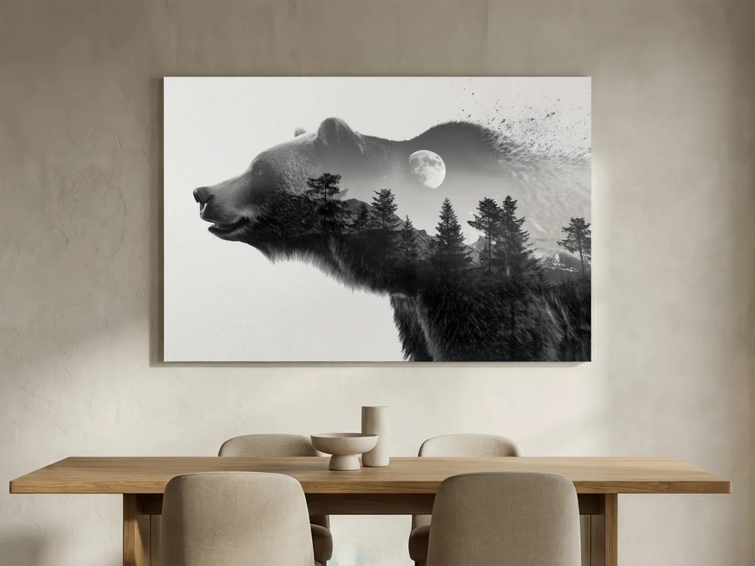 Black And White Grizzly Bear Double Exposure - Moonlit Pine Forest Mountain Wall Art